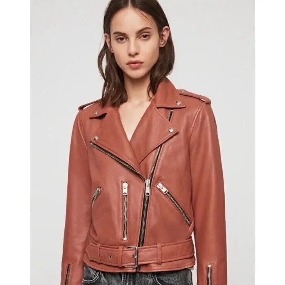 All Saints Balfern Belted Hem Leather Biker Jacket in Rosewood, in size 4 US